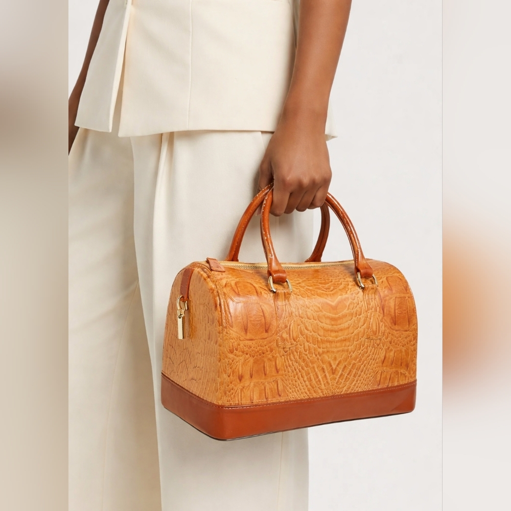 Caramel Orange Crocodile-Embossed Vinyl Handbag Candy Bag Satchel Purse